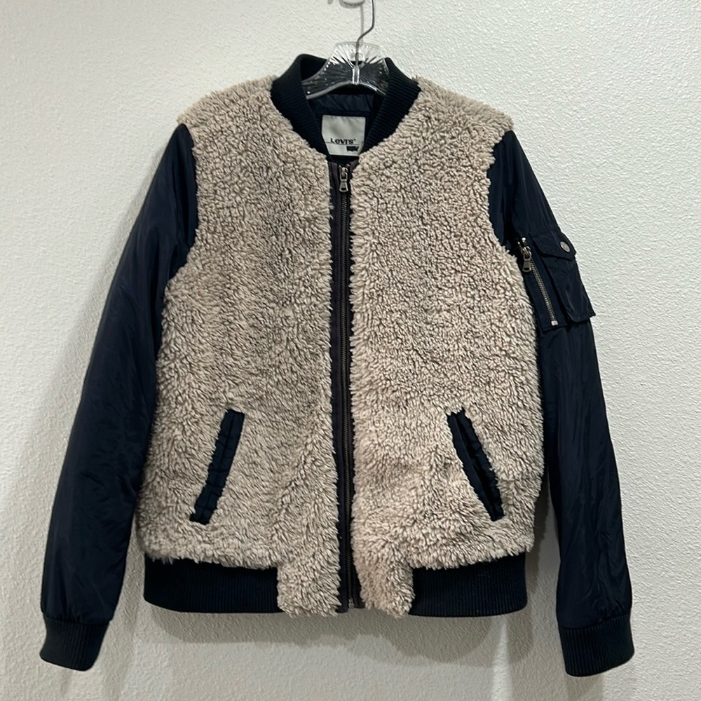 Levi’s Quilted Sherpa Bomber Varsity Faux Fur Zip Jacket SZ Large